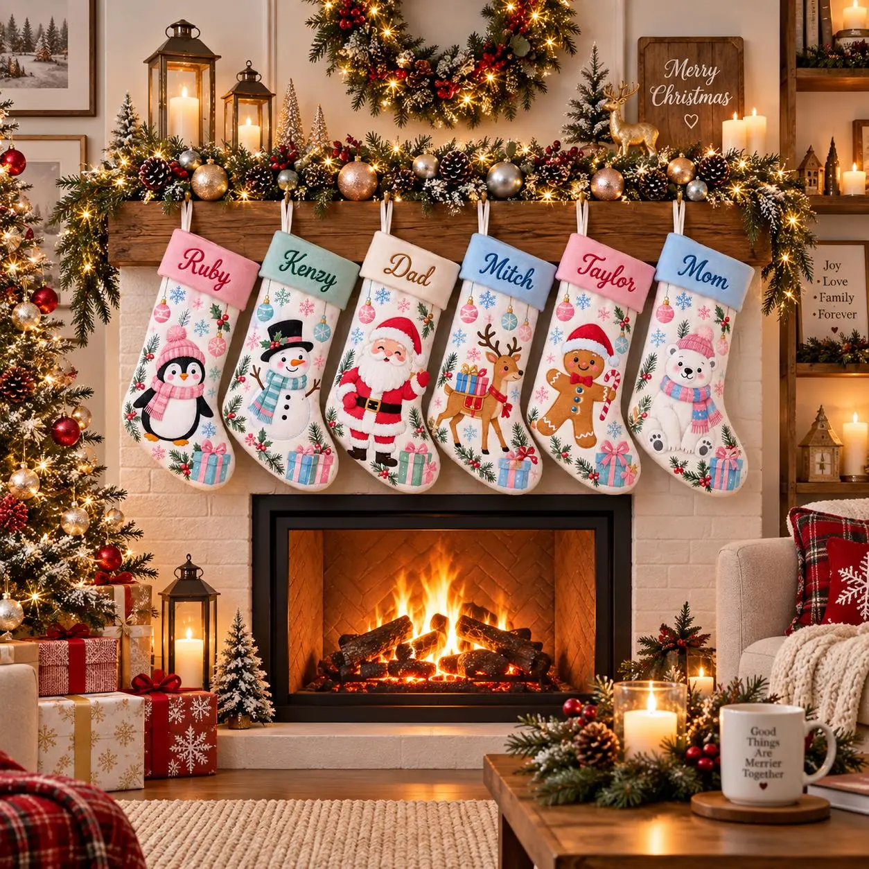 Personalized Pastel Character Christmas Stocking: Custom Family Name Mantel Decor