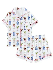 Cute Bowknot High-Cup Wine Bottle Lapel Short Sleeve Pajama Set, Comfortable Sleepwear for Teens Womenswear, All Seasons Loose-Fit Nightgown Gift, Loungewear Pjs Butterfly