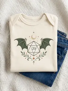 Celestial D20 Baby Onesie, Dragon Wing Tabletop RPG Bodysuit, Fantasy Nerdy Gamer Baby Shower Gift, Pregnancy Announcement Onesie