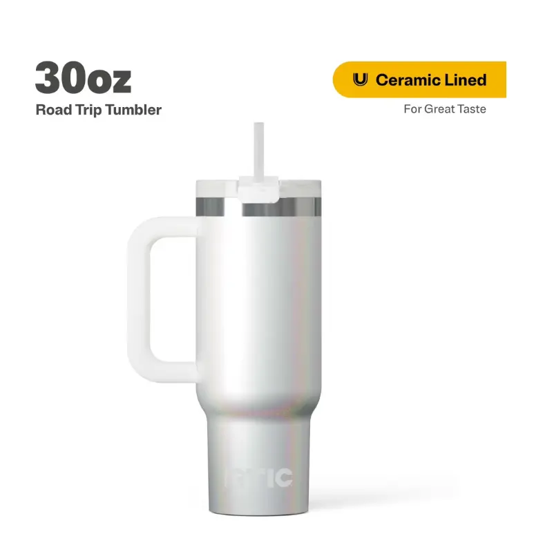 RTIC 30 oz Ceramic Lined Drinkware Road Trip Tumbler with Handle, Leak-Resistant Straw Lid, White Glitter