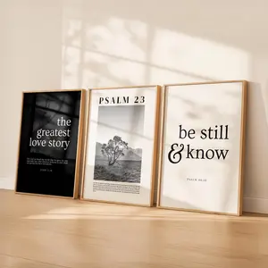Black and White Christian Wall Art Set of 3 | John 3:16 Print | Psalm 23 Landscape | Be Still & Know | Bible Verse Prints | Scripture Decor