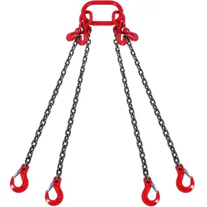 1/4-Inch by 5-Foot Chain Sling, Four-Leg Rigging Assembly, Grade 80 Lifting Chain with Heavy-Duty Grab Hooks, Load Capacity 6,600 Lbs, Industrial Hoisting Rigging Equipment for Crane Lifts and Load Securement
