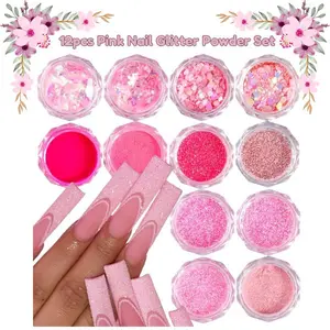 12pcs Pink Nail Glitter Powder Set – Holographic Sparkle Flakes & Sequins Dust for Acrylic Nails, Tips, and Manicure Decorations, Perfect Christmas Gift