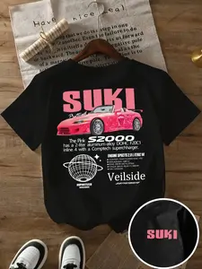 Women's Suki Car Print Round Neck Tee, Fashion Casual Short Sleeve T-shirt, Ladies Summer Clothes for Daily Wear, Spring Top