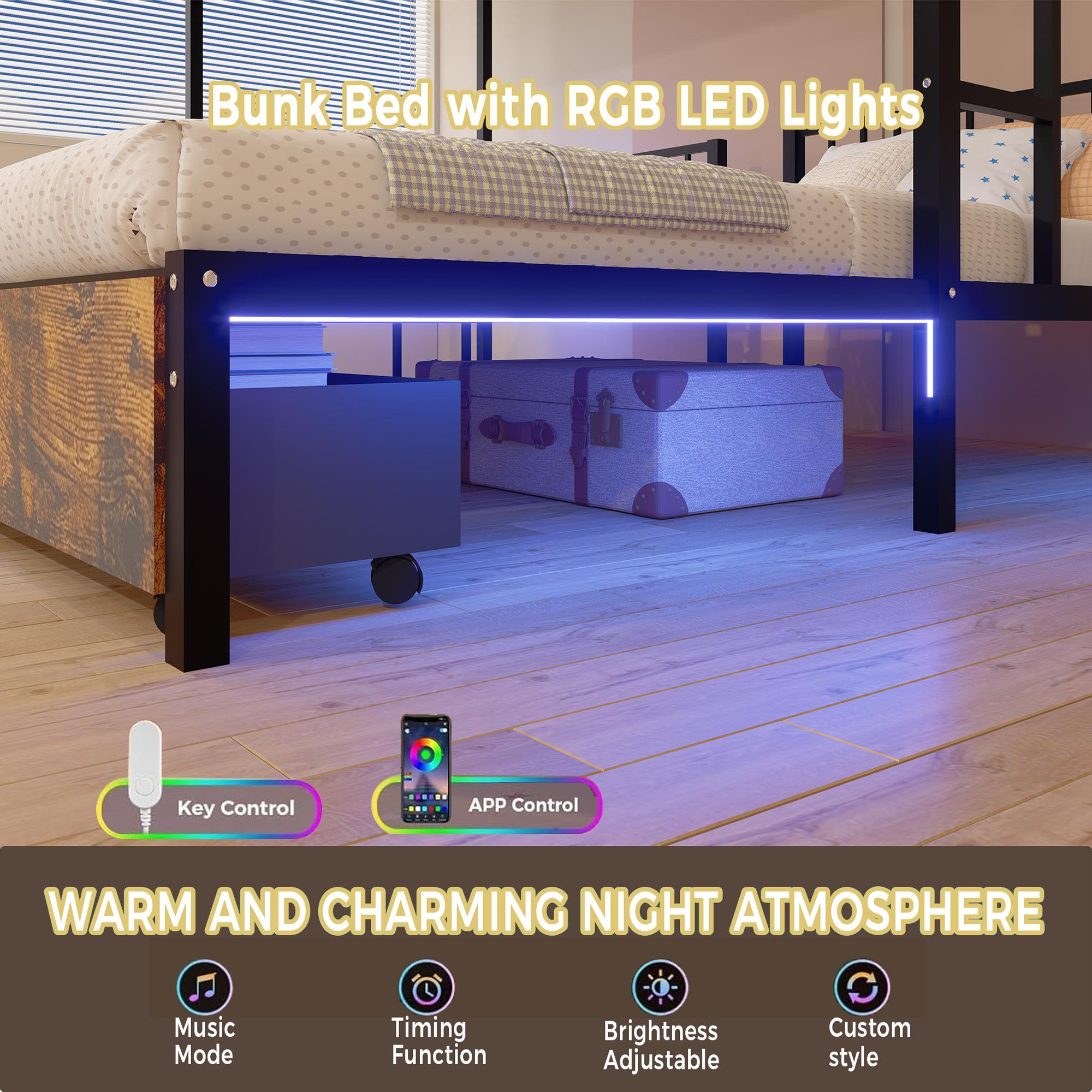 Triple Bunk Bed for 3 Kids, Metal Bunk Bed Frame with 2 Large Drawers and Charging Station, Metal Triple Bunk Beds, Separates Into 3 Twin Beds,Noise Reduced Structure, Black