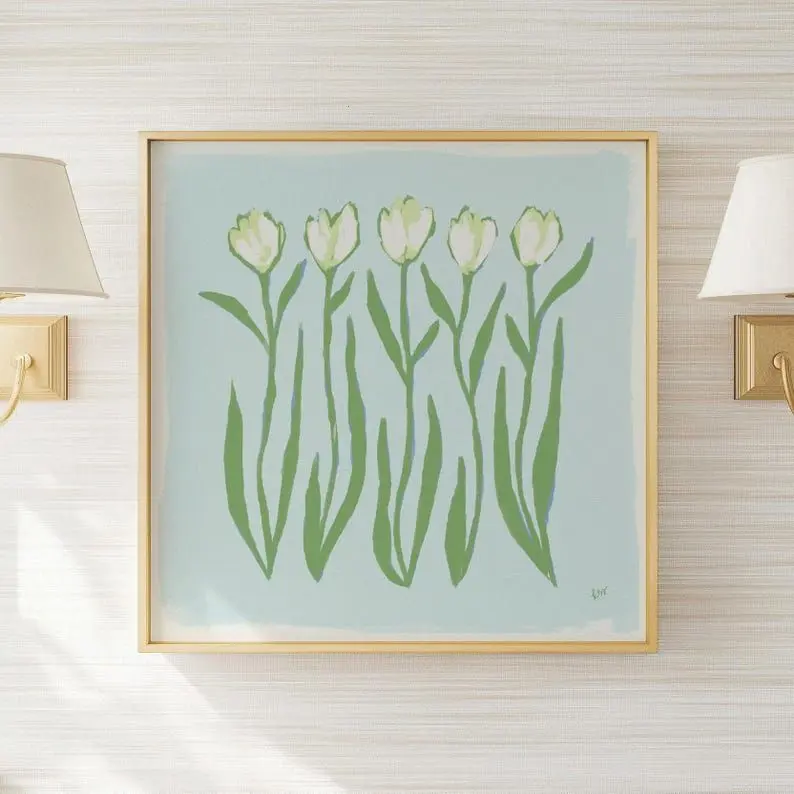 [40% OFF] [UNFRAMED]    Blue & Green Tulip Floral Botanical Print, Grandmillennial Wall Decor, Modern Southern Poster, Vintage Inspired Flower Art