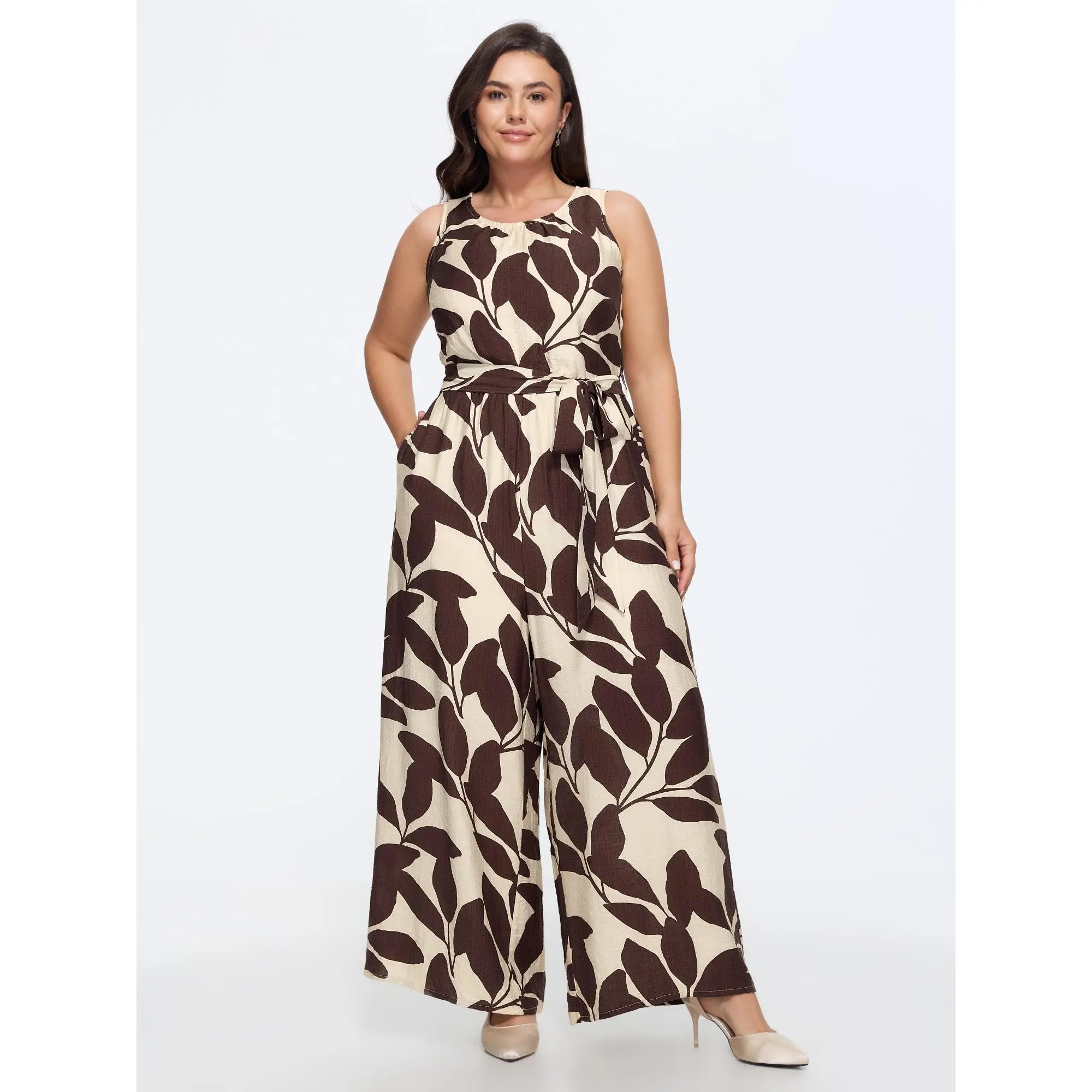 BLOOMCHIC Women's Plus Size Round Neck Leaf Print Self-Tie Wide Leg Overalls - Smooth Polyester-Nylon Garment, Size M-6X, 2026 Summer Finds, Pocket, Fit, Fabric