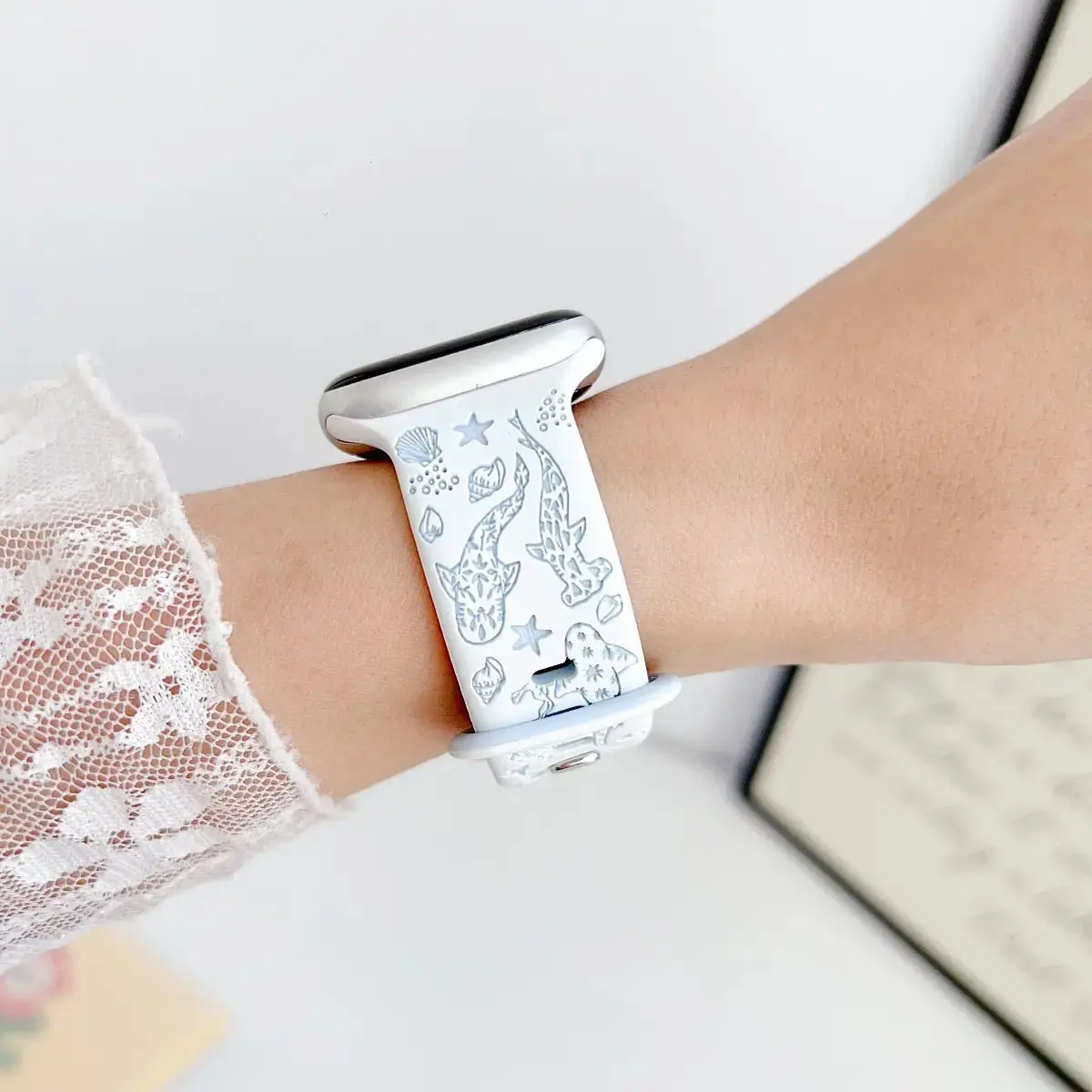 Engraved Ocean Whale Shark Silicone Replacement Band - Breathable White Blue Wrist Strap Compatible with Apple Watch 38mm 40mm 41mm 42mm 44mm 45mm 46mm 49mm Series 1-11 SE Ultra, Ideal for Outdoor Leisure & Daily Wear (Apple Watch NOT Included)
