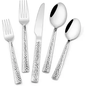 Hammered Silverware Set, 40-Piece Stainless Steel Square Flatware Set for 8, Food-Grade Tableware Cutlery Set, Utensil Sets for Home Restaurant, Mirror Finish
