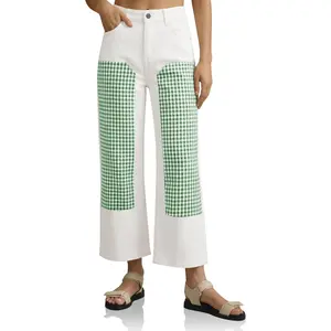 Tankaneo Womens Cropped Jeans Polka Dot Casual High Waisted Patchwork Straight Leg Denim Pants with Pockets