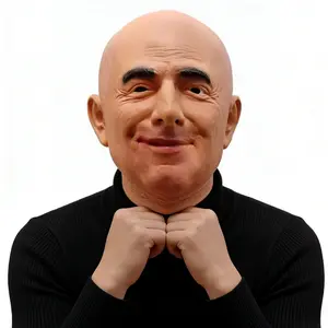 A friendly yet quirky latex mask for bald men with a contrasting design, featuring a natural warm skin tone, smiling eye lines, and fully smiling lips—perfect for Halloween costume video shoots. One size fits all adults.