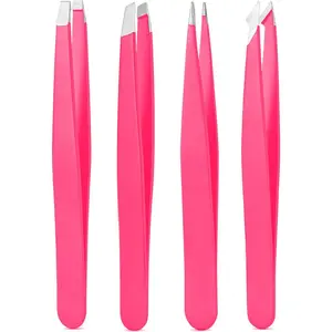 Tweezers Set, High Precision Stainless Steel Eyebrow Tweezers for Facial Hair, Inward Growing Hair and Splinter Remover Kit, Suitable for Women and Men, 4-Piece Set. (pink)