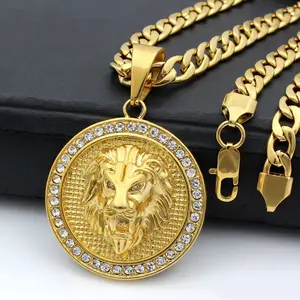Stainless Steel Lion Head Hip Hop Gold Silver Plated Cubic Zirconia Medal Pendant & 6mm 30" Cuban Chain Bling Necklace Jewelry Unisex Men Women