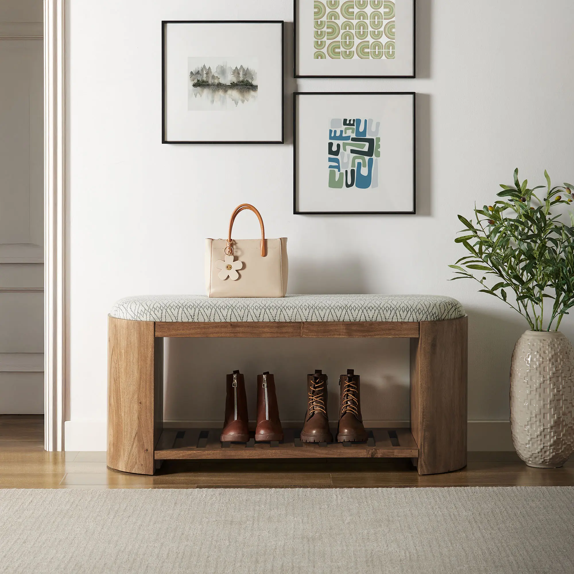Ashby 45" Geometric Upholstered Bench in Natural Geometric