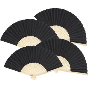 4 Pack Black Bamboo Folding Fans Craft Fan Chinese Japanese Handheld Foldable Fans Ideal for Weddings Line Dancing DIY Decor