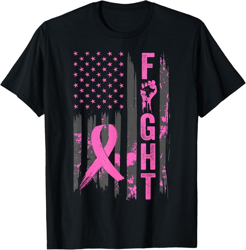 Men's Lightweight Cotton Short-Sleeve Relaxed Round Neck T-Shirt - All Seasons, Relaxed Unisex Fit, Multi-Size, Breathable Soft Menswear, Casual Grunge Vintage Style, Distressed Anti-Fade Print, Fight USA Flag Graphic, Breast Cancer Awareness Pink Ribbon