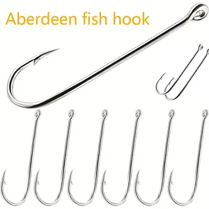 50 pcs Aberdeen Barbed Fishing Hooks, Long Handle Lure Hooks with Connection Hole, Sharp Small Fishhooks for Angling