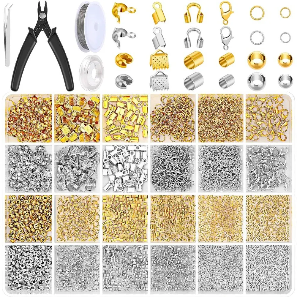 2384Pcs/Set Crimp Beads Supplies for Jewelry Making,Including Crimp Bead Covers,Crimp Tubes,Bracelet Clasps and Closures,Crimp Ends,Jump Rings,Crimping Pliers and Beading Wire,DIY Hand Tools Kits