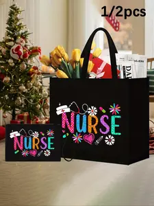Nurse Themed Tote Bag Set With Small Pouch, Colorful "Nurse" Printed Multifunctional Reusable Tote Bag, Large Capacity Handbag, Multifunctional Portable Bag For Daily Essentials, Christmas Decor, Leisure Travel, Medical Activities, Thanksgiving Gifts