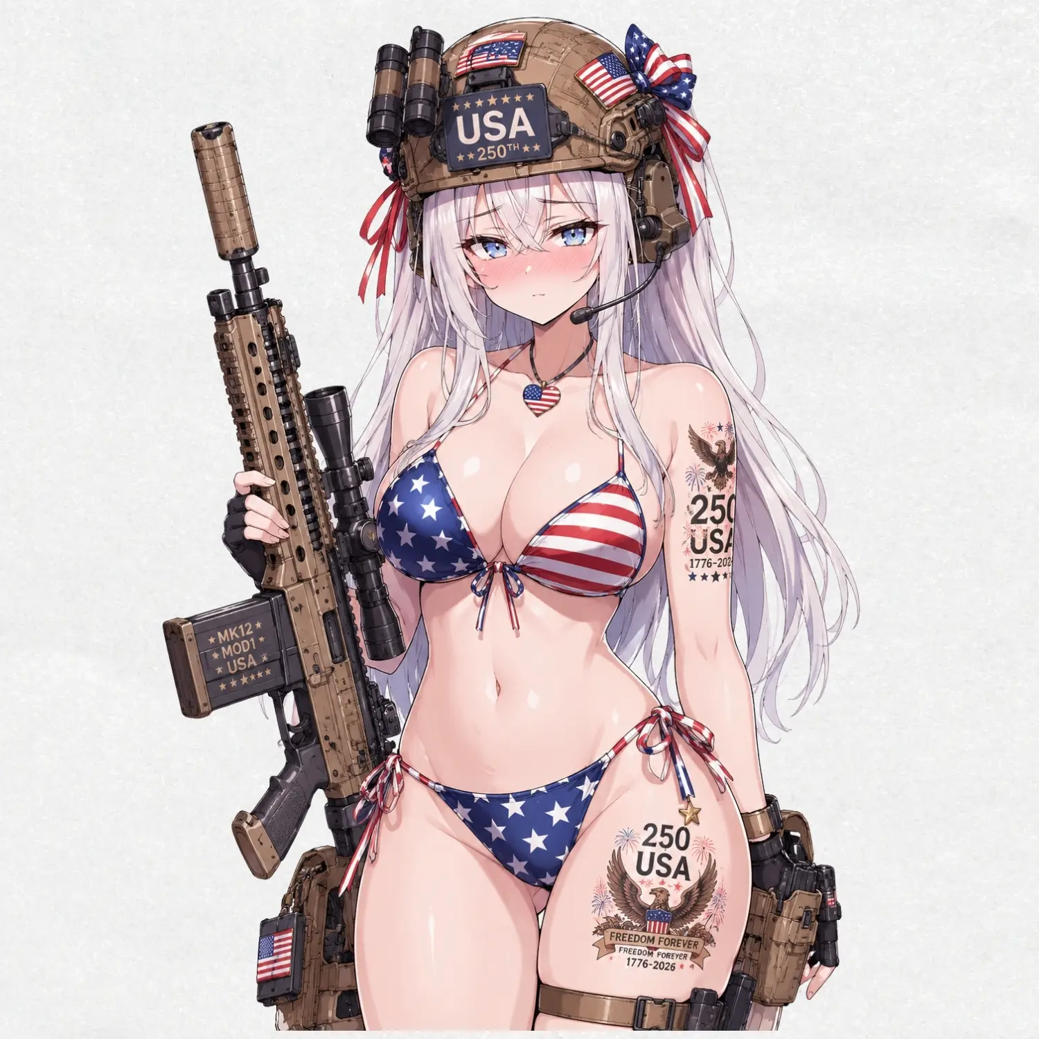Alya USA 250th Anime Vinyl Sticker, Tactical Bikini MK12 Rifle, Ops-Core FAST Helmet, 4th of July Waifu Decal Art