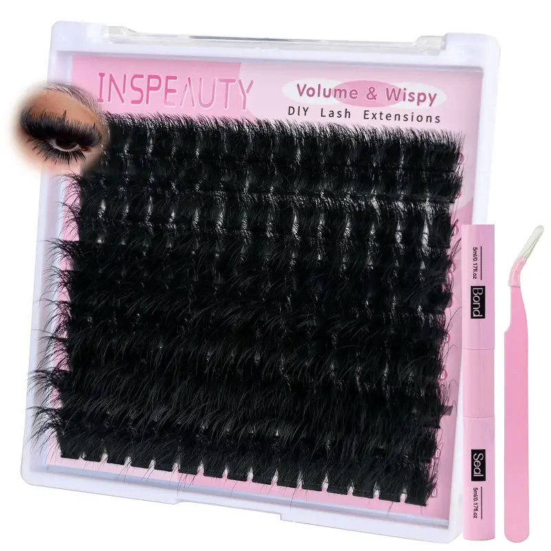 INSPEAUTY Lash Clusters Kit - 200D Thick Volume Clusters Lashes, 12-20mm Individual Pieces, Bond & Seal, Tweezers for DIY Eyelash Extensions (Beauty Products, False Eyelashes & Adhesives)