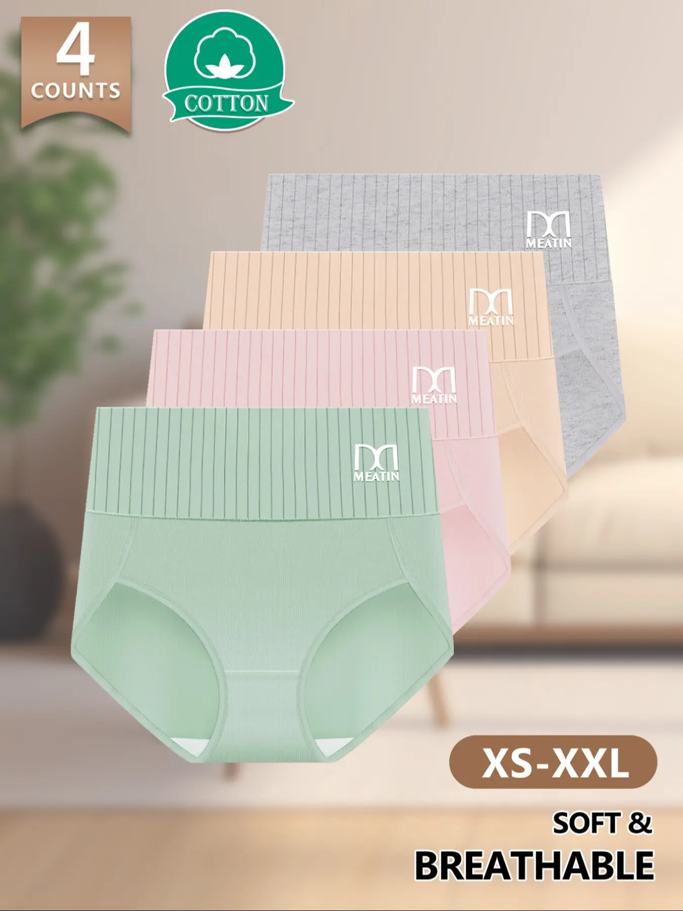【Soft Cotton】Morelect   Women's Underwear Panties, 4-Pack, XS-Xxl, Breathable, Comfortable Mid-Waist, Multi-Color Triangle Pants, No Sweat