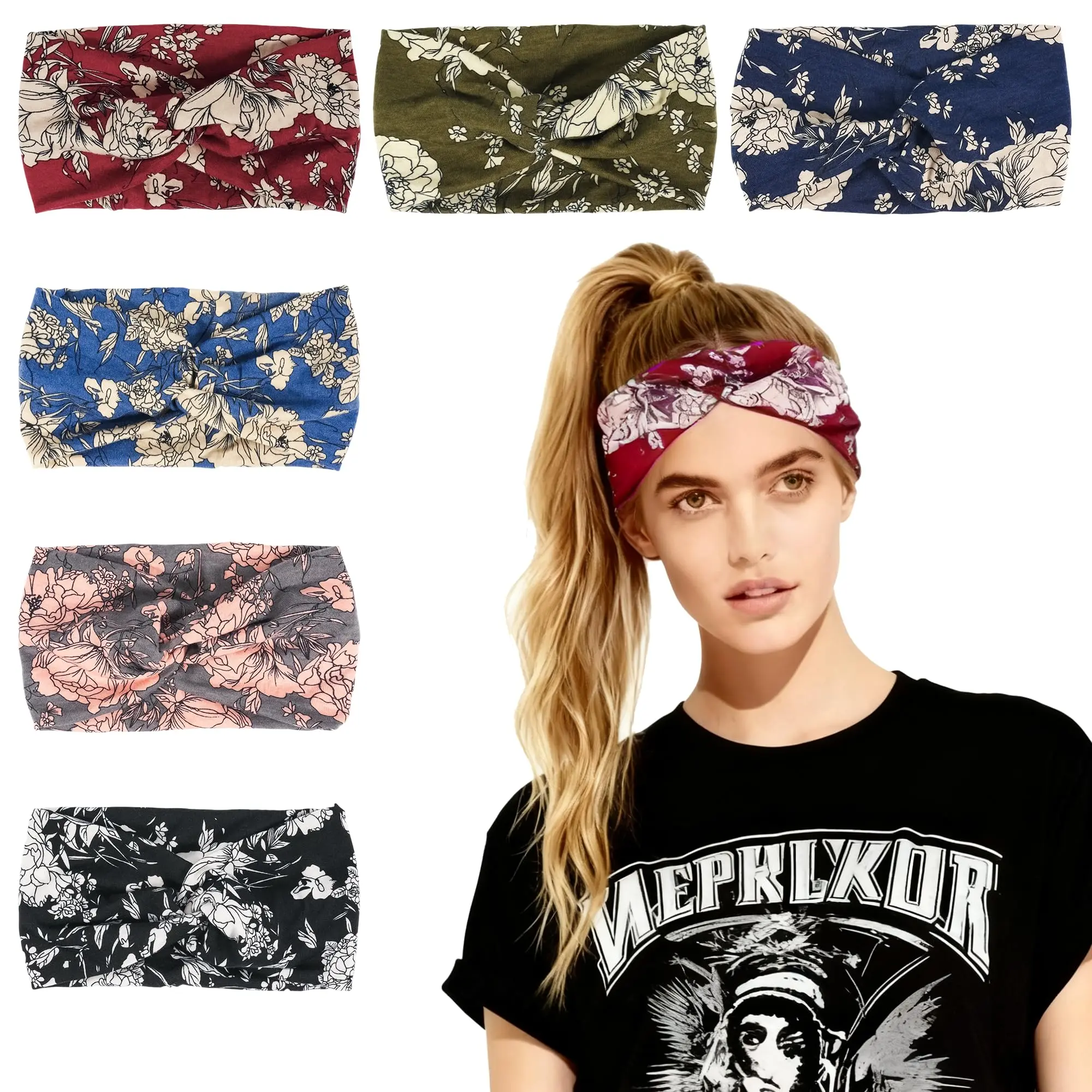 Women's 6-Pack Boho Wide Stretch Sports Headbands - Knotted Turban Style, Elastic Wrap Sweatband for Yoga, Running - Hair Accessories for Teen Girls, One Size
