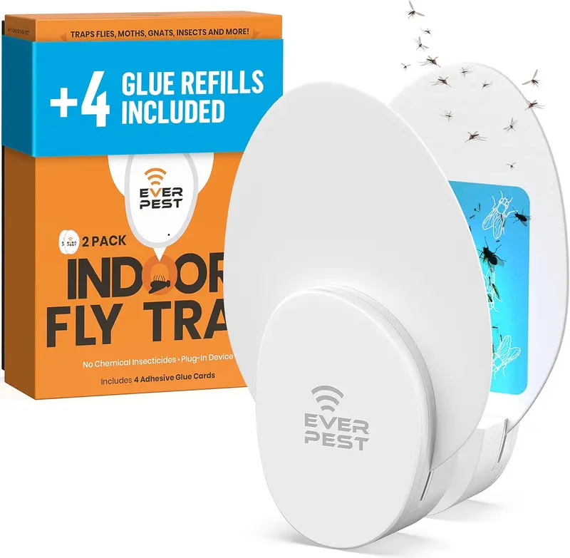 Ever Pest Indoor Plug-in Fly Trap, Flying Insect Trap for Flies, Fruit Flies, Gnats, Moths, and More – 2 Traps + 4 Glue Cards – Safe for Homes Light