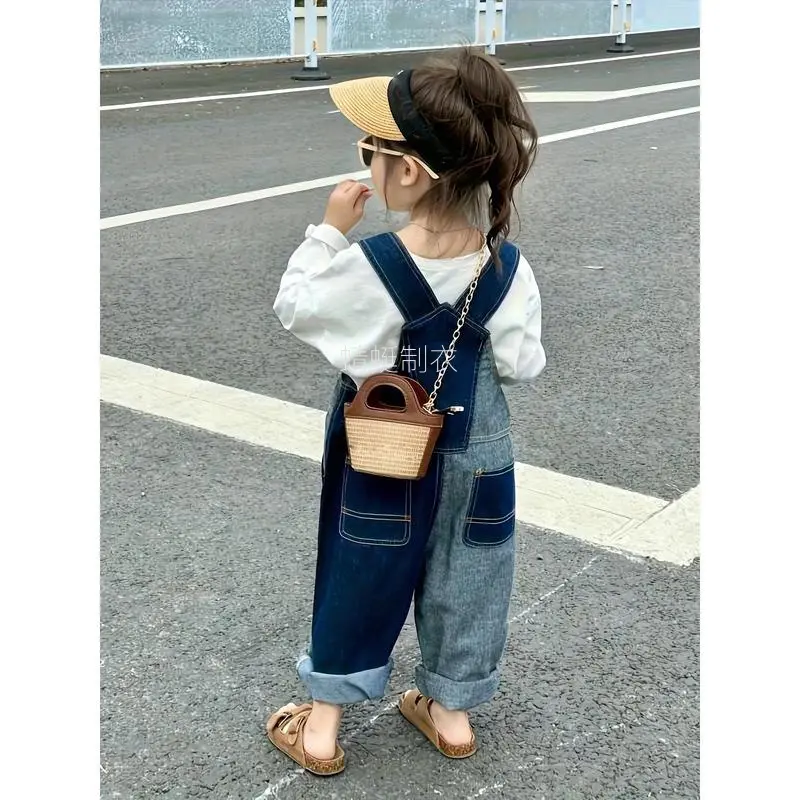 Girls' Colorblock Jumpsuit, Cute Korean Style Lightweight Polyester with Long Sleeves and Button-Front Closure, Patchwork, Polyester Clothes, All-In-One Overall Look