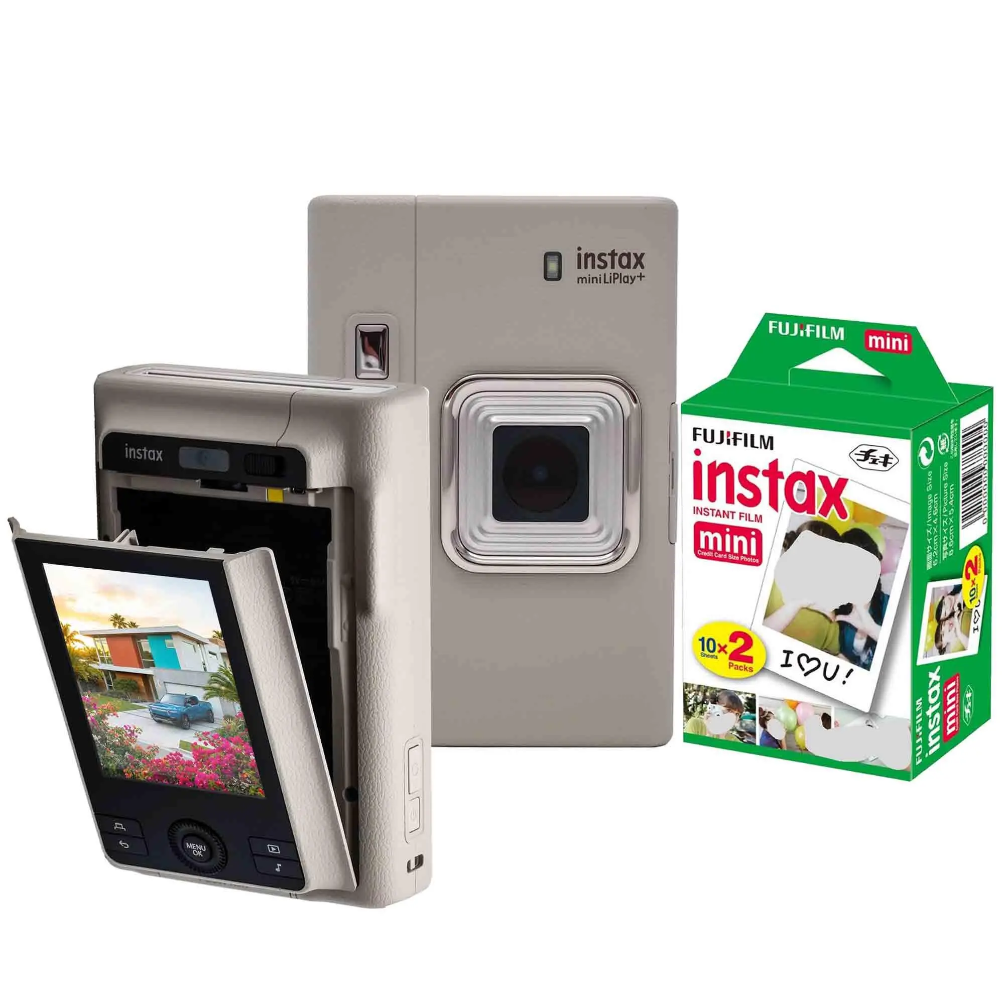 FUJIFILM instax mini LiPlay+ Digital Rechargeable Wireless Instant Camera - Sand Beige, with 2x10 Selfie-Friendly Bluetooth Instax Mini Film Packs