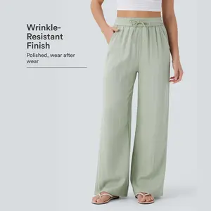 Halara High Waisted Drawstring Pocket Wide Leg Casual Linen-Feel Pants
