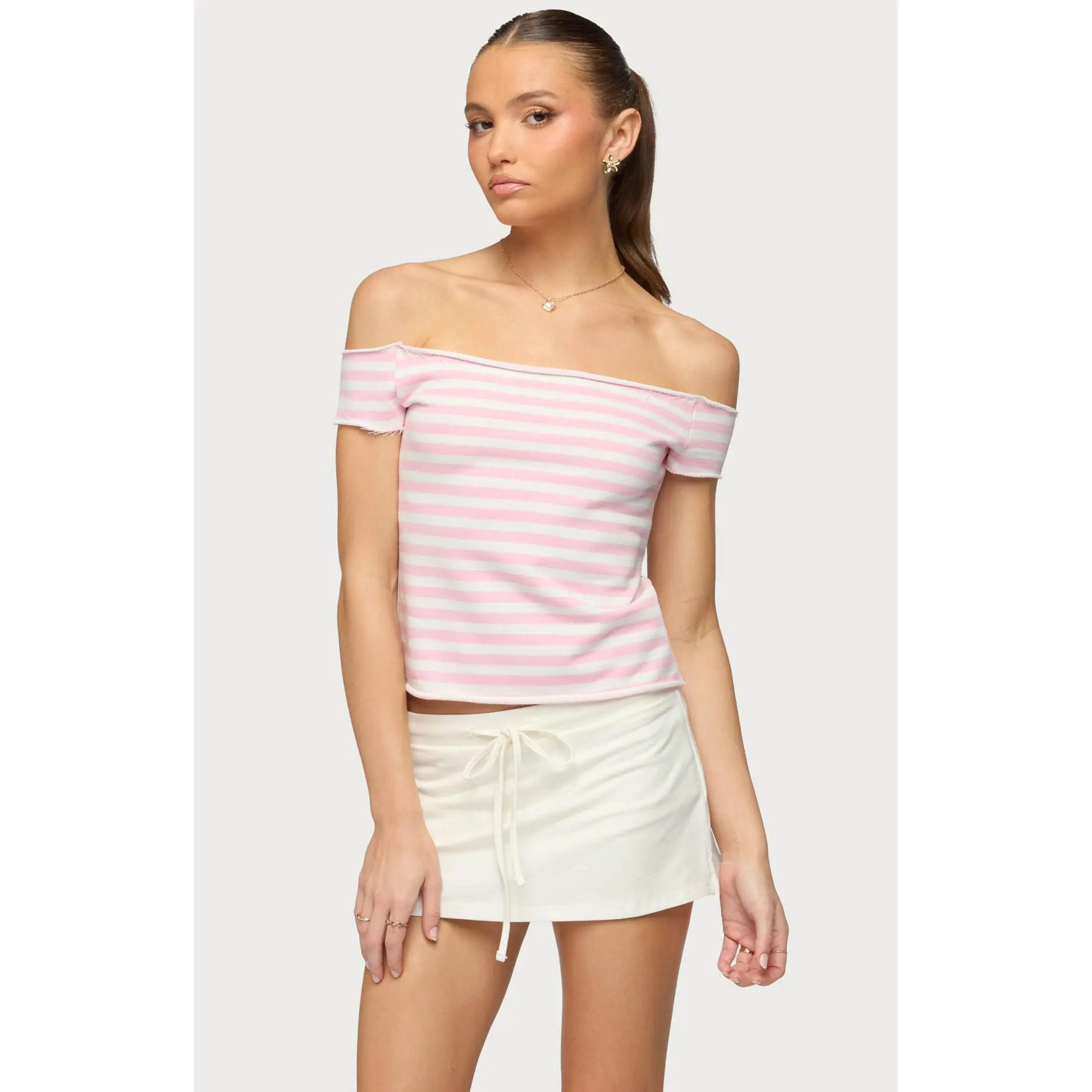 Edikted Women's French Terry Striped Off Shoulder Top
