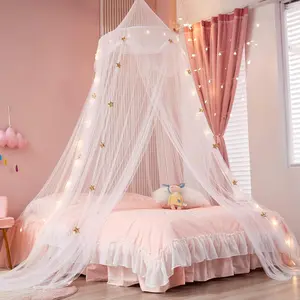 Bed Canopy with Lights for Girls Gold Star Princess Crib Canopy Curtains Extra Large Dome Mosquito Net Reading Nook Canopy for Kids Boys Twin Full Queen Size Bed Fire Retardant Fabric