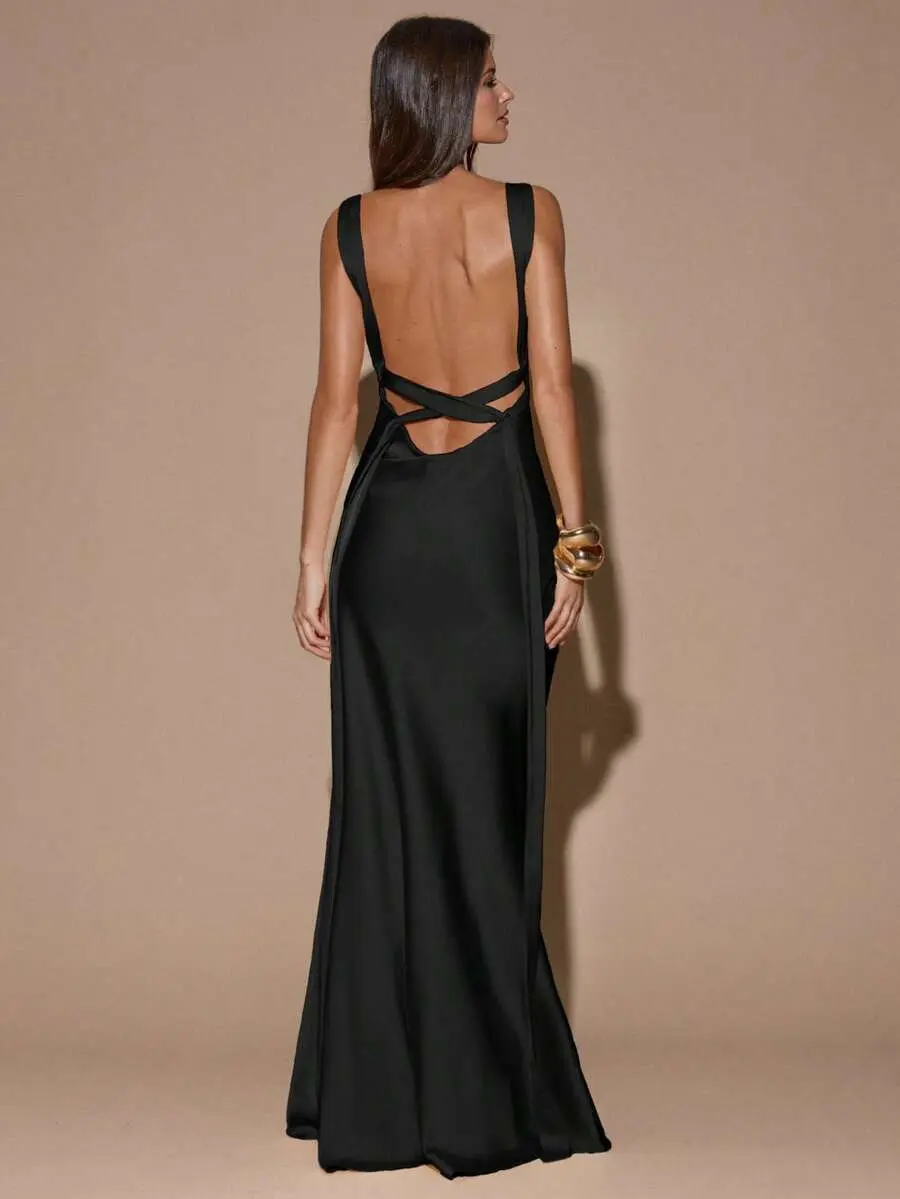 GLAMOUR Black Summer Elegant Dining Minimalist Deep V-Neck Sleeveless Backless Tie Dress,Suitable For Party,Cocktail,Formal Occasions,Bridesmaid,Gowns