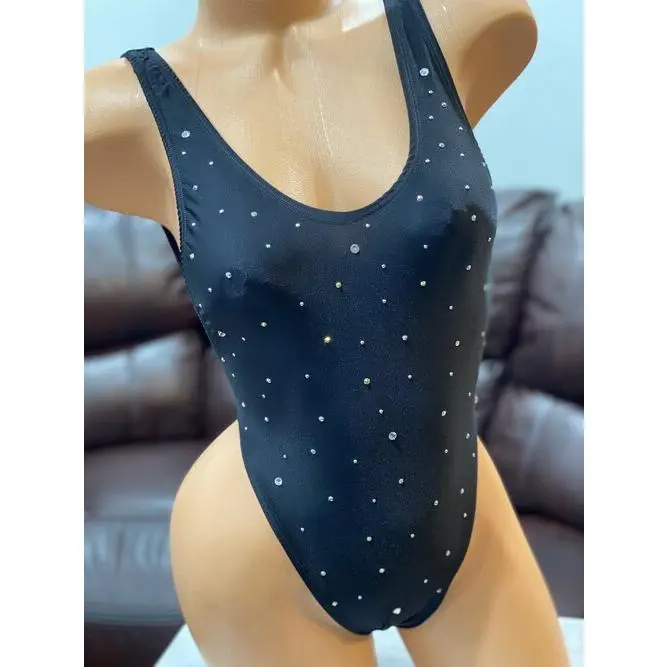 BACK OUT Black Bodysuit with Crystal Embellishments Summer Sleeveless One Size Fits Most Premium Spandex Fabric