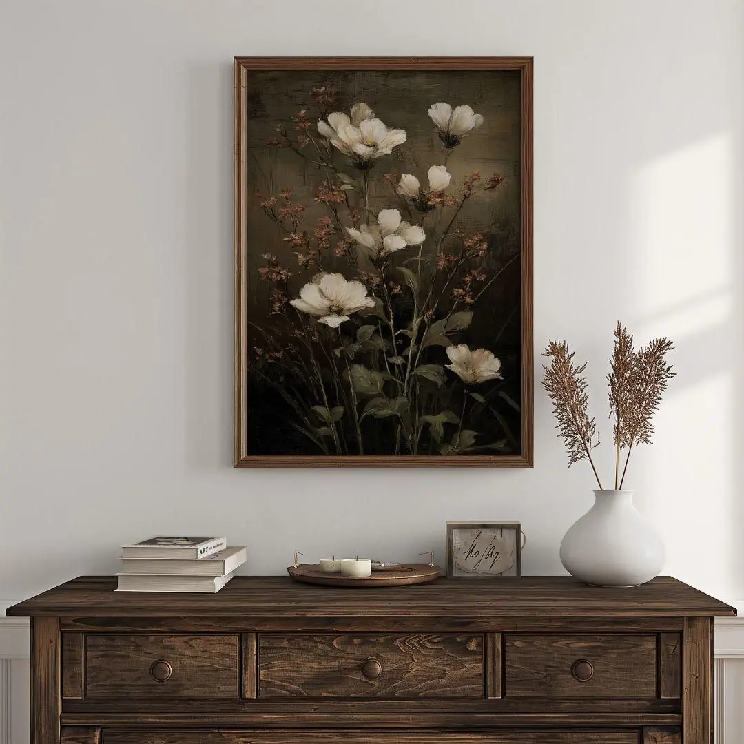 [SALE UP TO 35%] Dark French Country Autumn Wildflowers Print - Moody Fall Floral Printable, Vintage Farmhouse Botanical Painting