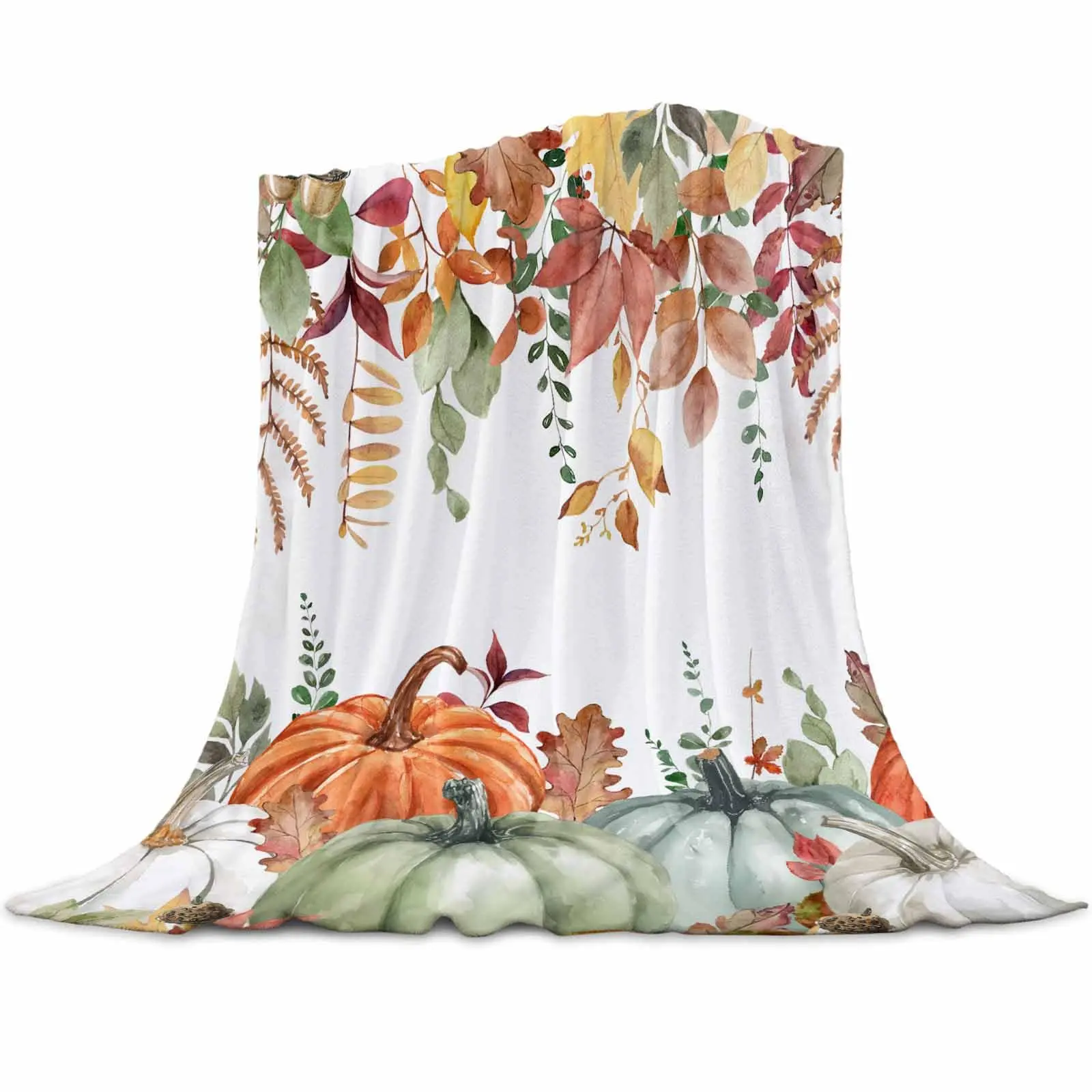 Fall Throw Blanket White Pumpkin Blanket Fallen Leaves Fuzzy Bed Blanket,Leaf Fall Botanical Watercolor Pumpkin Warm Flannel Blanket Lightweight 40x50