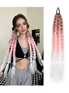 Handmade Color Gradient Braided Ponytail, Bubble Twist Braid, 22 Inch Synthetic Fiber Wig, Sweet Cool Personality Style