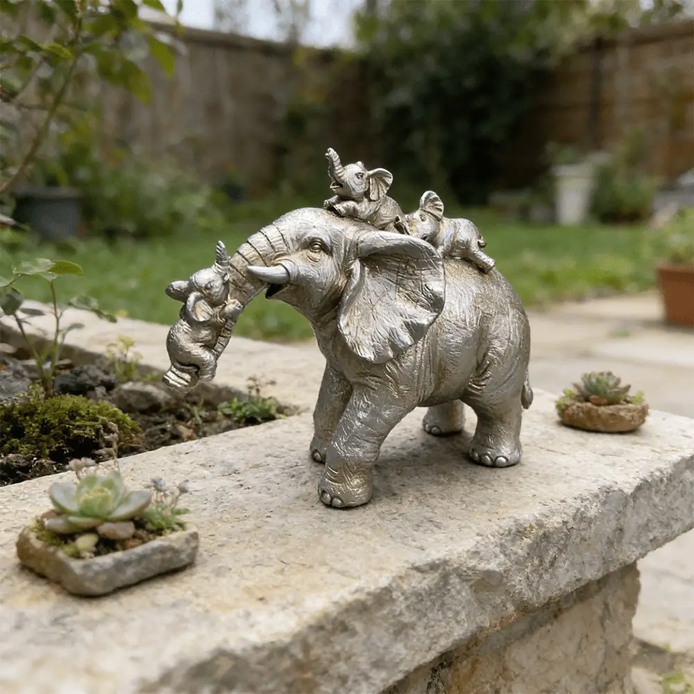 Silver Color Resin Elephant Family Ornament, Mother Holding Three Baby Elephants, Garden, Outdoor and Home Decor, Perfect Gift for Various Occasions