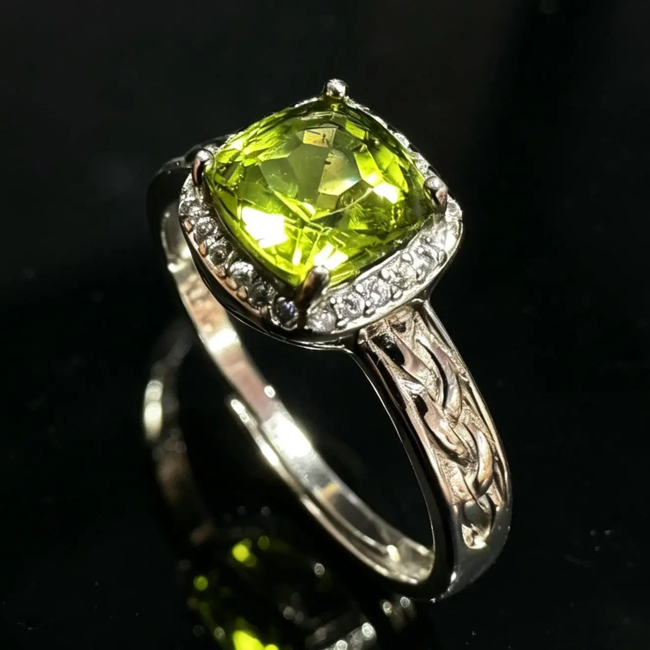 Natural Peridot 925 Silver Adjustable Ring, 7mm Cushion Cut Halo Valentines Gift , Gift for Wedding/Birthday/Mother'sDay/Christmas