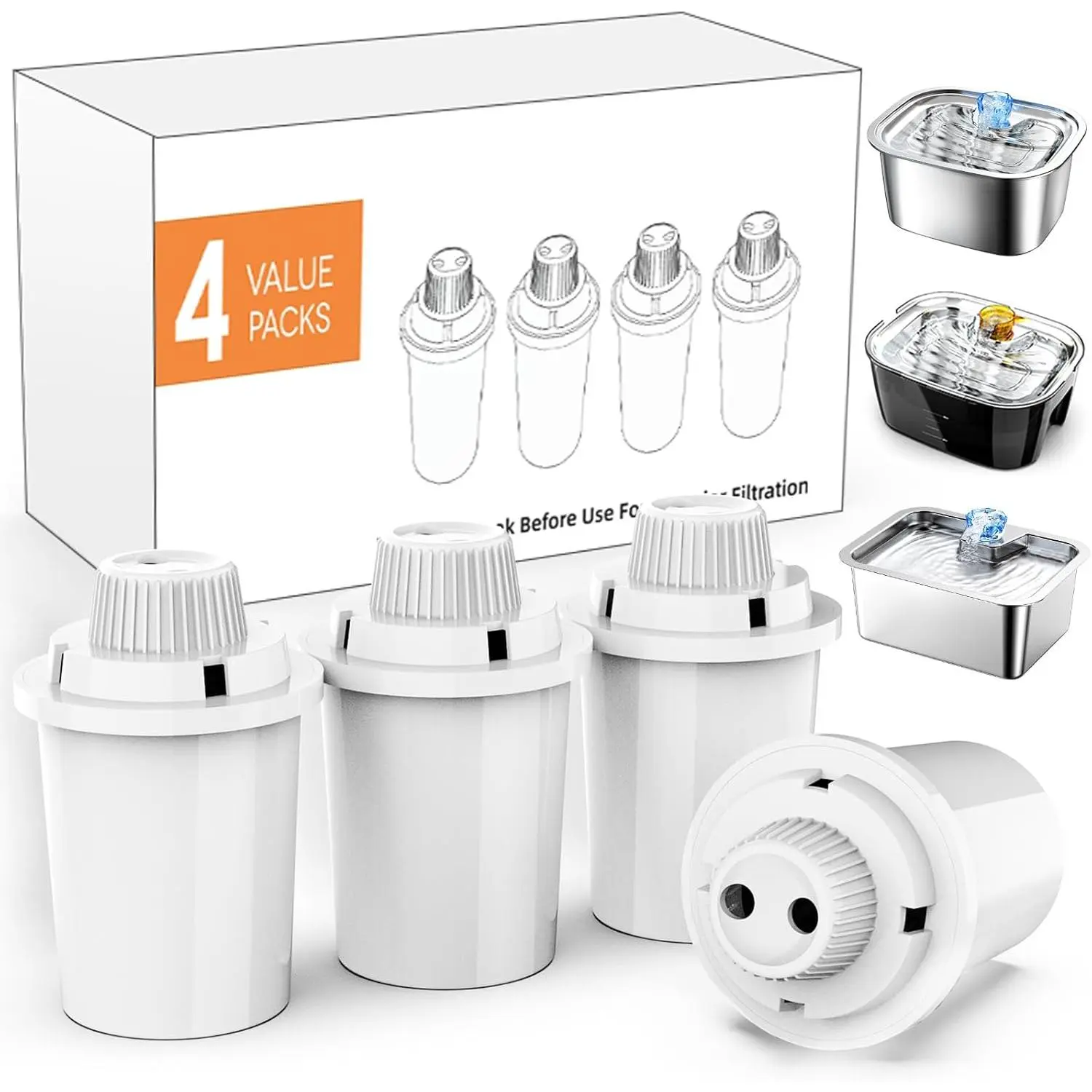 Water Fountain Filters Replacement 4 Pack,2 Months Set of Water Filter Replacement for  Large Pet Water Fountain Stainless Steel,7 Layer Vertical Filtration for D2341,D2419,D2322,D2223,D2340