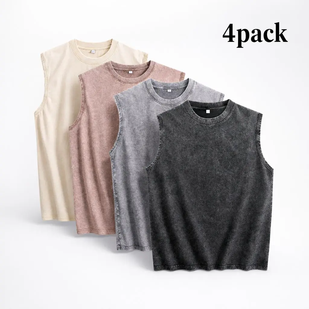 4PACK 210G Mens Workout Tank Tops Sleeveless Tee Shirts Men Muscle Shirt Gym Acid Wash T Shirts Running Beach Loose Fit Tee summerwins