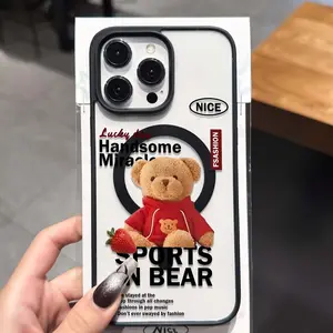 Cute Strawberry Bear Ring Magnetic Phone Case, Ultra Transparent Acrylic Anti-Drop Cover for Samsung Galaxy S22/s23/s24 Etc., Apple iPhone Models