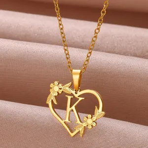 Stainless steel love flower hollow heart-shaped English letter necklace initials necklace girlfriend bestie gift