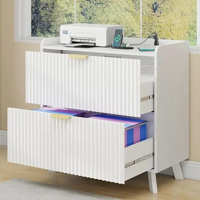 [Summergarden] Vabches Lateral File Cabinet with Charging Station, Modern Fluted 2 Drawer File Cabinet for Letter/Legal/A4 Size Hanging Files, Large Wood File Storage Cabinets Printer Stand for Home Office, White