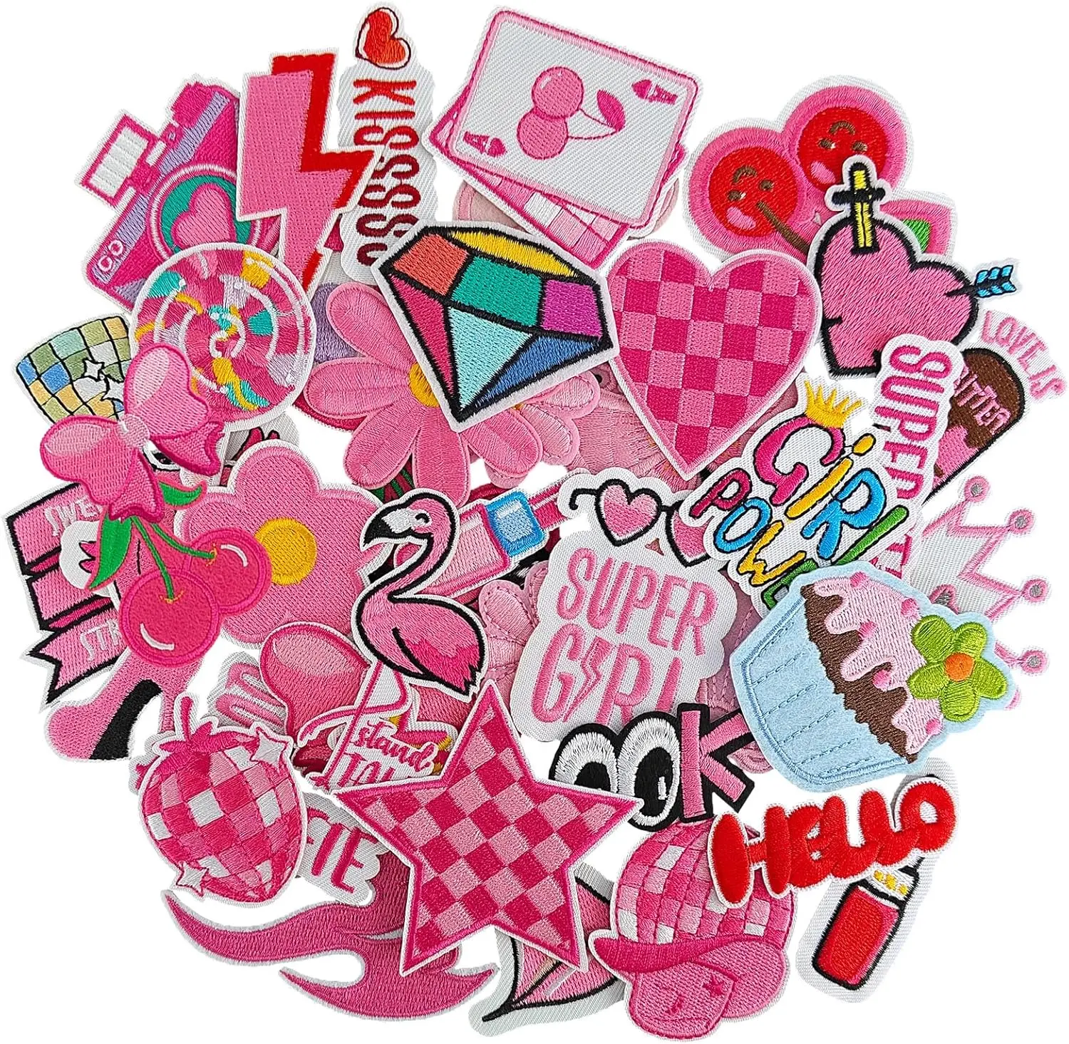 Pink Queen Iron-On Embroidered Patches Set - 45 Pcs, Heart Embroidery, Stylish Embroidery, Floral Designs, for DIY Clothing, Denim Jacket Sewing Projects
