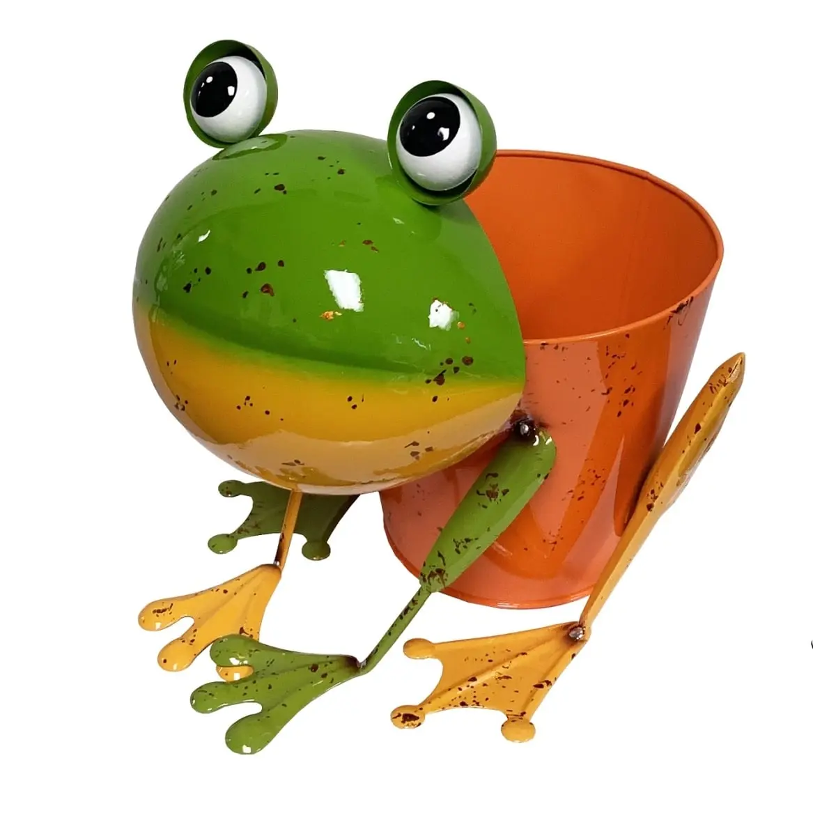 Continental Art Center 194045 Hand Painted Baked Enamel Colorful Metal Frog Bucket Planter, 3 lbs All-Seasons Outdoor Gardening Flower Pot for Home Improvement Garden Supplies