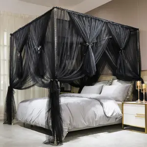 4 Corners Post Bed Black- Queen Size Luxurious Cozy Drapes Netting- Elegant Bedroom Decoration Accessories for Adults