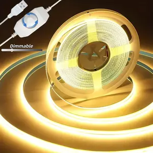 COB LED Strip Lights with Dimmer, 8mm Width, USB Interface, High Brightness, Cuttable Tape for DIY Projects, Ideal for Bedroom, TV Backlight, Kitchen and Home Decoration(1/3/5m)