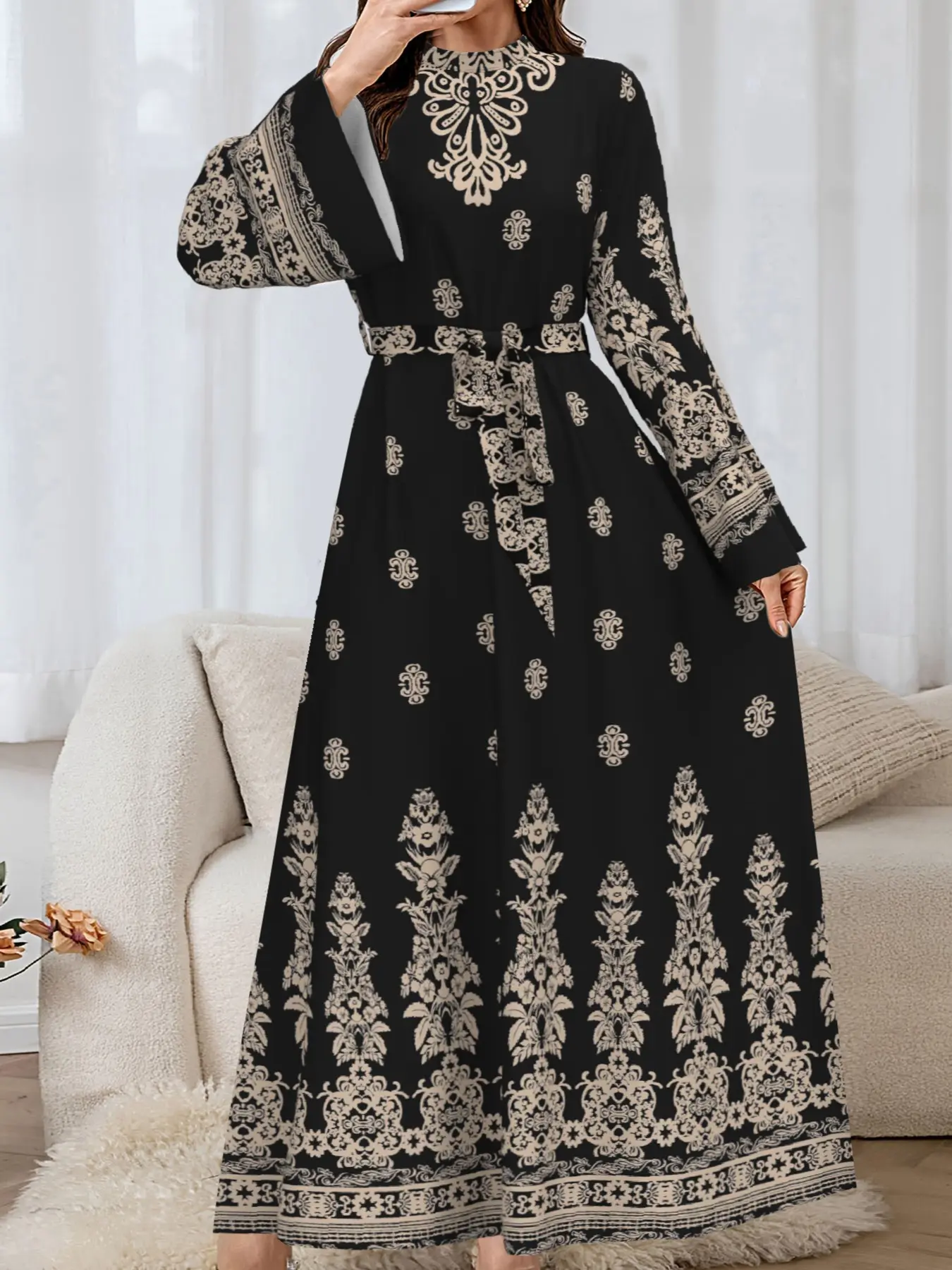 long dress arabic style Women's Long Sleeve Maxi Dress Muslim Essential Abaya Flowy Casual Kaftan Dress Arabic Style Casual Dress